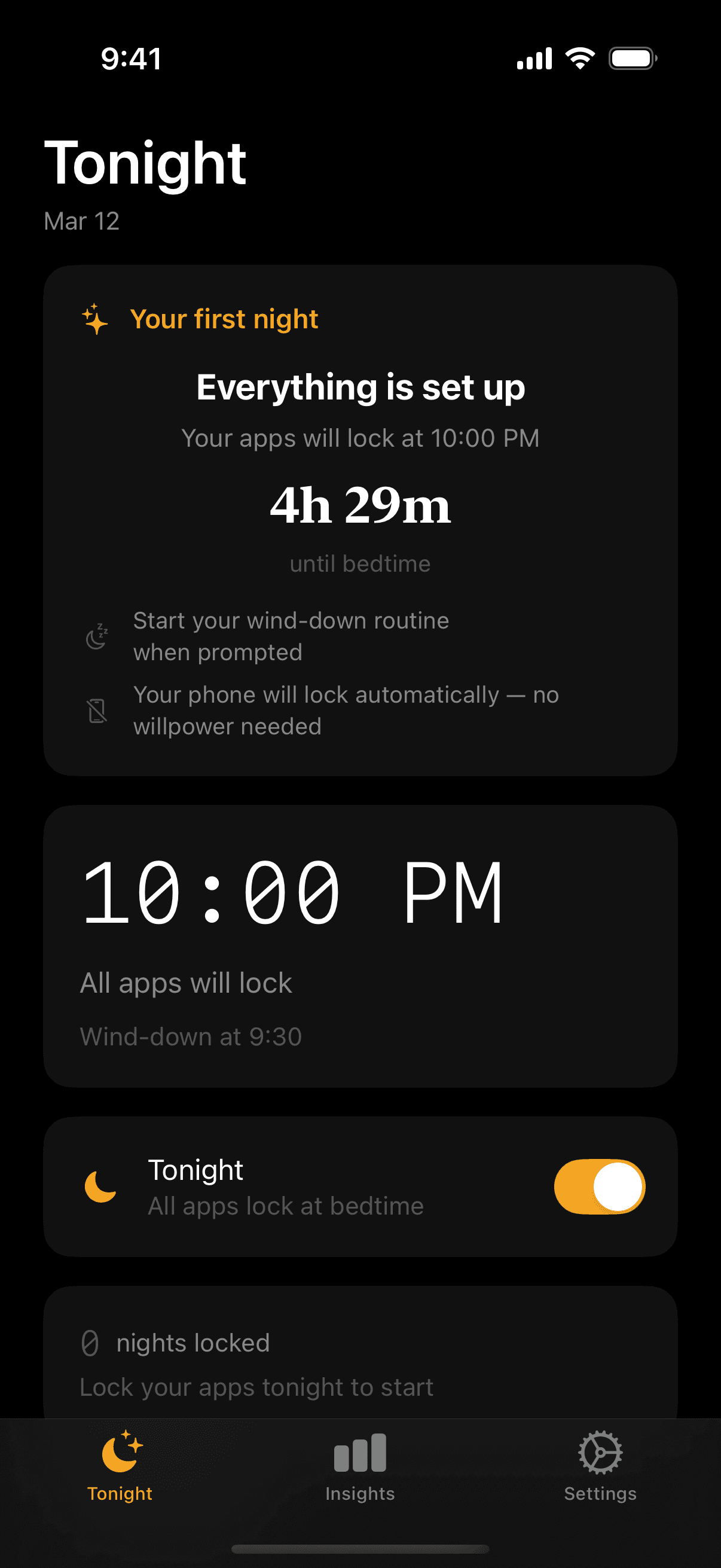 Sunbreak app dashboard showing bedtime countdown